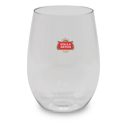 A stemless, shatterproof red wine glass in clear plastic with a logo.