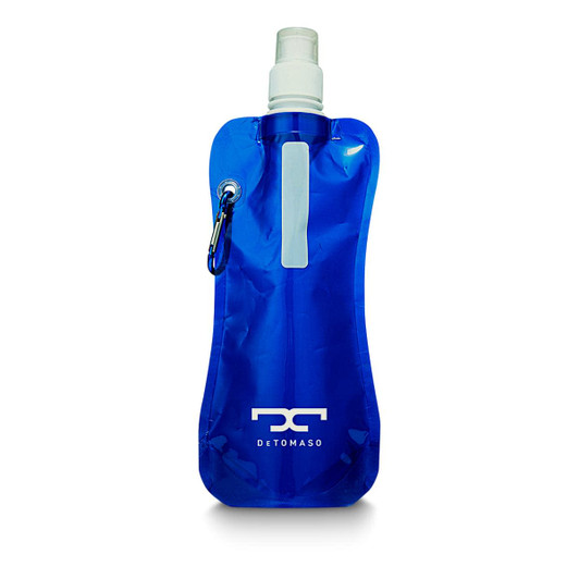 A drink bottle in a blue water pouch design, featuring a spout and a clip attachment. It has a logo.