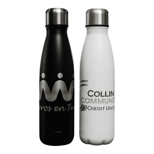 A drink bottle set featuring a black and a white stainless steel water bottle, each with a logo.