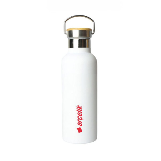 A drink bottle in white with a wooden lid and a logo on the front, featuring a sleek design.