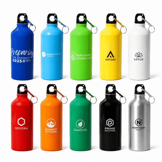 A drink bottle collection featuring various colours: blue, yellow, green, white, and stainless steel, each with a logo and a keyring.