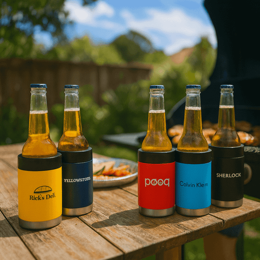 A collection of stubby coolers in yellow, navy, red, and black, holding beer bottles on a wooden table outdoors.