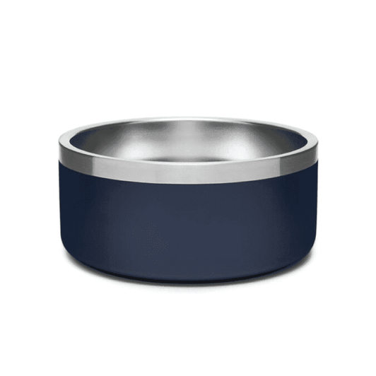 A navy blue pet bowl with a shiny stainless steel interior and a smooth exterior. It features a branding logo.