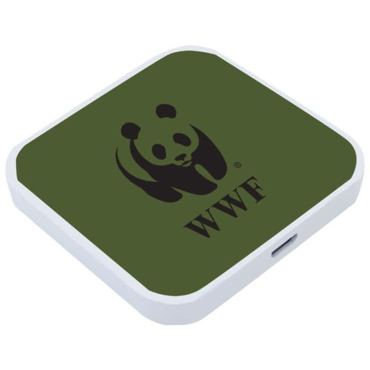 A square green wireless charging dock with a white border and a logo on top.