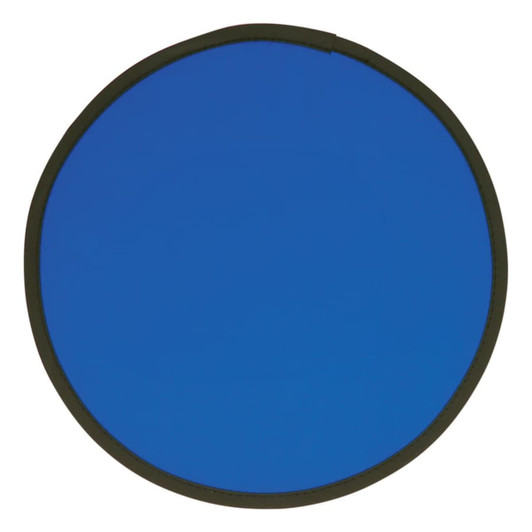 A blue fold-up flying disc with a black rim and a circular shape, featuring a logo.