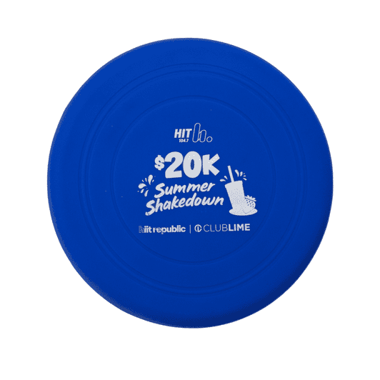 A blue silicone frisbee with a circular shape and a logo printed on the surface.
