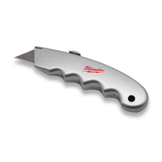 A silver utility knife with a textured handle and a blade. The knife features a logo on its side.