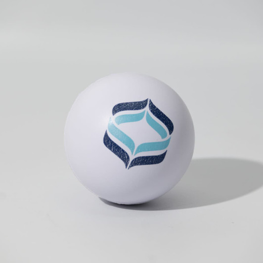 A white stress ball featuring a blue and dark blue logo design.
