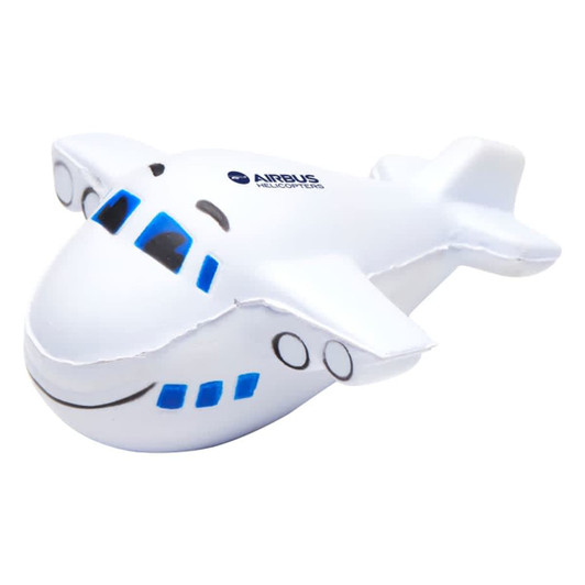 A white stress toy shaped like an airplane, featuring a smiling face and blue details. It has a logo on it.