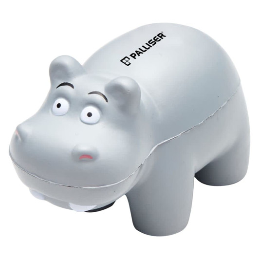 A grey hippo stress toy with large eyes and white teeth, featuring a logo on top.
