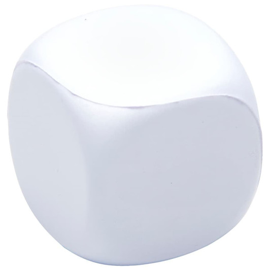 A white, squishy cube with rounded edges, featuring a logo. Ideal for stress relief and fun.