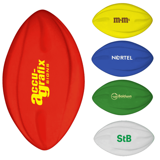 A red football with a logo, accompanied by yellow, blue, green, and white footballs.