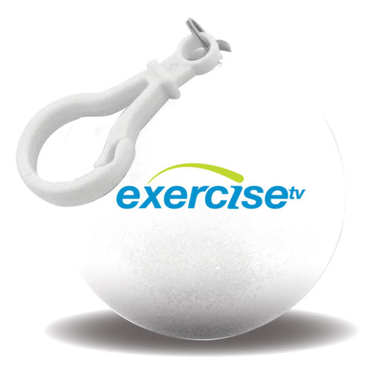A white ball with a clip, featuring a logo. Suitable for use as a rain poncho.