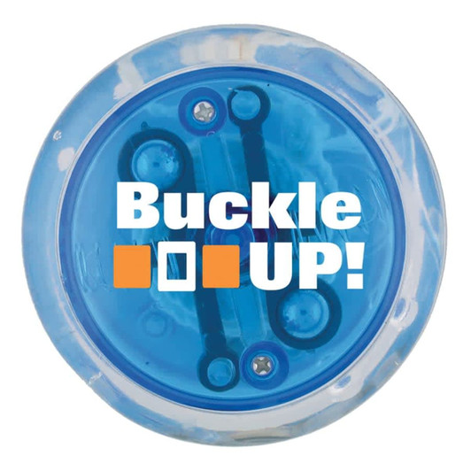 A blue LED light-up yo-yo with a clear casing, featuring a logo on the surface.
