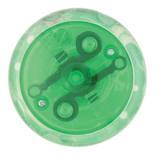 A green LED light-up yo-yo featuring a transparent marble design and a central axle for spinning.