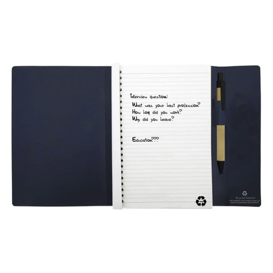 A navy Large Tuck A5 Journal Book with lined pages, a pen, and a logo.