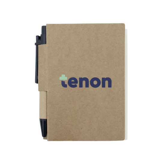 A recycled notebook in a brown cover with a pen attached, featuring a logo on the front.