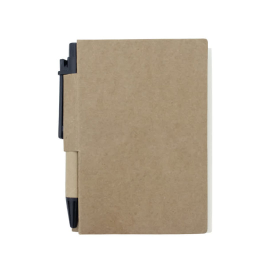 A recycled notebook in a brown kraft cover with a pen attached to the side, showcasing a simple and eco-friendly design.