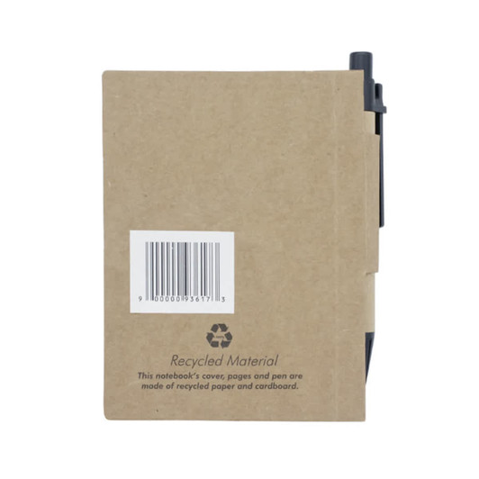 A recycled notebook with a beige cardboard cover, featuring a black pen attached and a logo on the back.