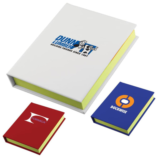 A group of adhesive note books in white, red, blue, and yellow. The books feature multiple colour sticky notes.