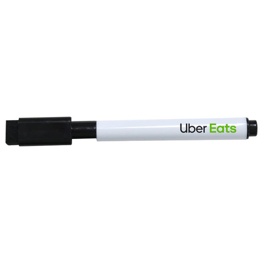 A whiteboard marker with a black chisel tip and a white barrel featuring a logo.