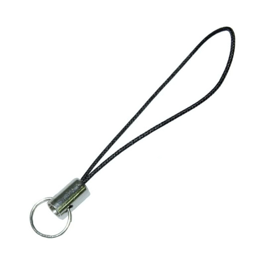 A black mini lanyard features a metal end with a ring for attachment. Simple and sleek design for events.