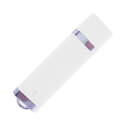 A white flash drive with a metallic silver band and a circular attachment loop, featuring a logo.