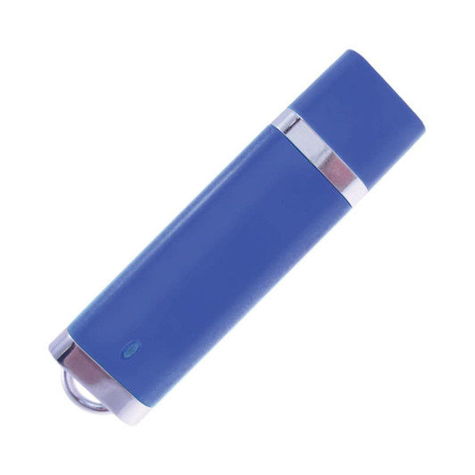 A blue flash drive with a sleek design and silver accents, featuring a logo on its surface.