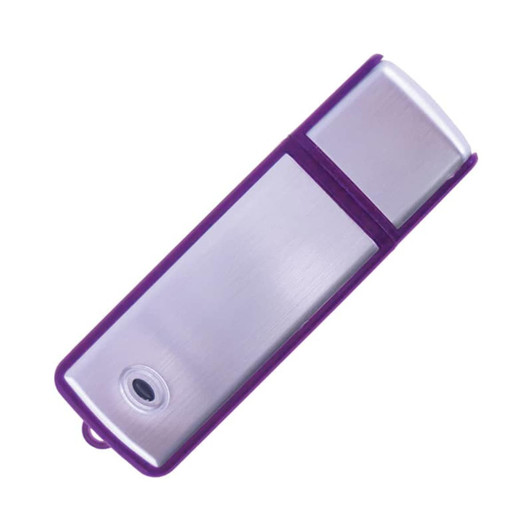 A purple and silver flash drive with a sleek, metallic finish and a branding logo.