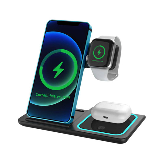 A wireless charger in black with teal accents, designed to charge a phone, AirPods, and an Apple Watch simultaneously.