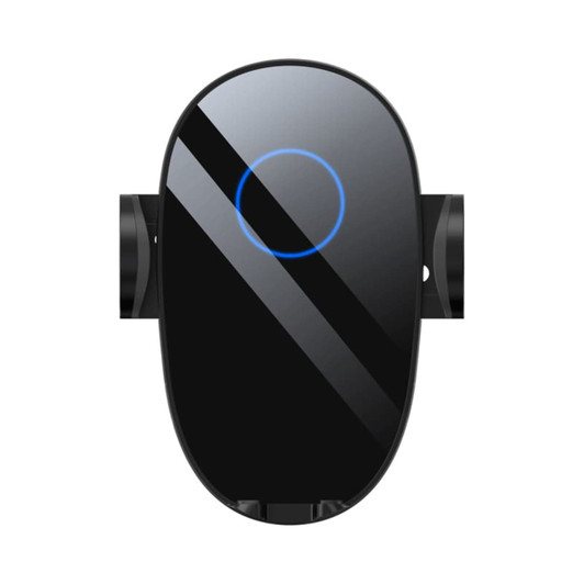 A black wireless car charger with a sleek design and a glowing circular indicator on the front.