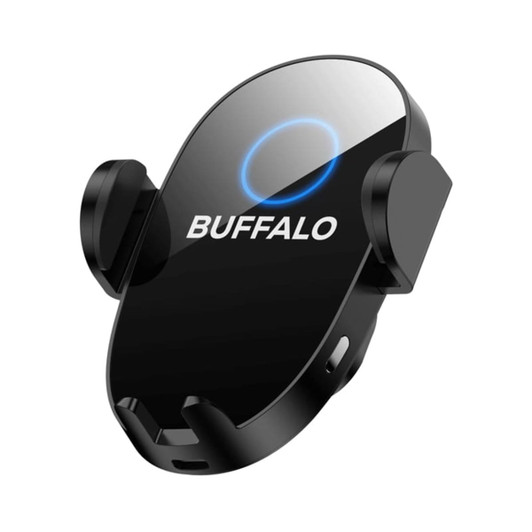 A black wireless car charger with a circular design and a logo. It features two side clips for securing devices.