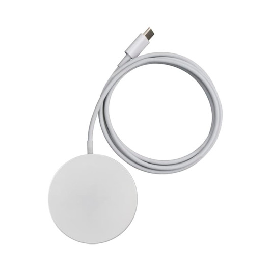 A white magnetic wireless charger with a connected USB-C cable. The design is sleek and minimalistic.
