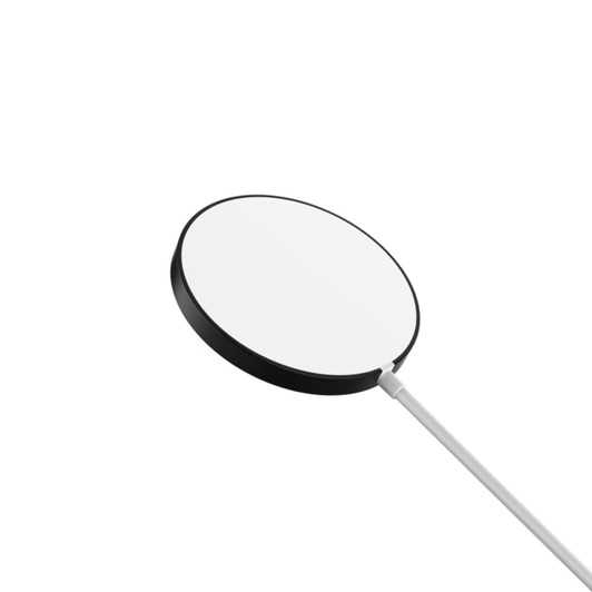 A round, black and white wireless charger with a cable, featuring a sleek, minimalist design. Branding is present.