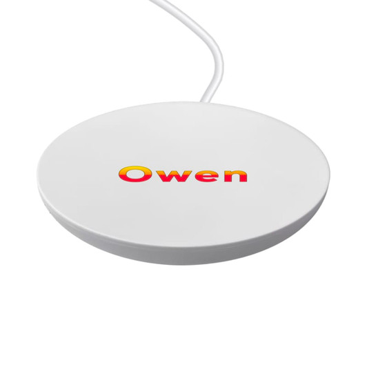 A white circular wireless charger with a cable, featuring a logo in bright colours.