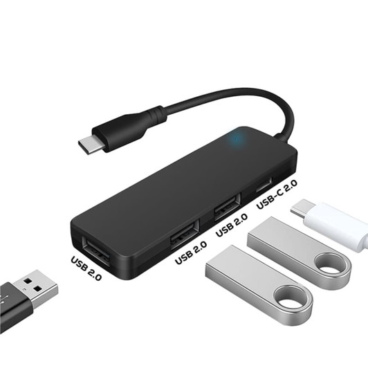 A black USB hub with two USB Type-A ports and one USB Type-C port, accompanied by two USB drives.