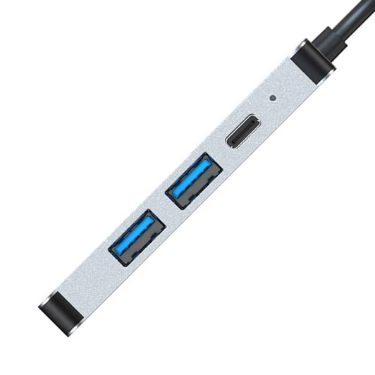 A silver USB hub featuring two blue USB ports and one Type-C port, with a cable attached.