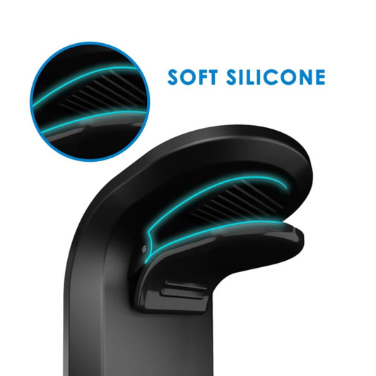 A black magnetic car phone holder with soft silicone detailing and a logo, featuring a sleek design.