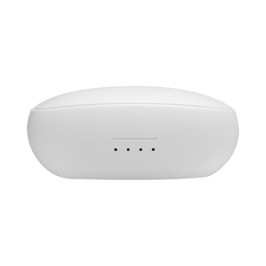 A white charging case for earbuds with indicator lights on the front. The case has a smooth, rounded design.