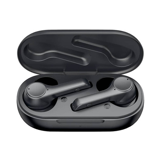 Active noise cancelling TWS earbuds in a black charging case, featuring a sleek design and a compact shape.