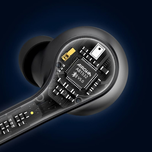 Close-up of black active noise cancelling TWS earbuds, revealing internal circuitry and components. Features branding.