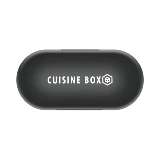 A black earbud charging case featuring a logo on top, designed for wireless earbuds.