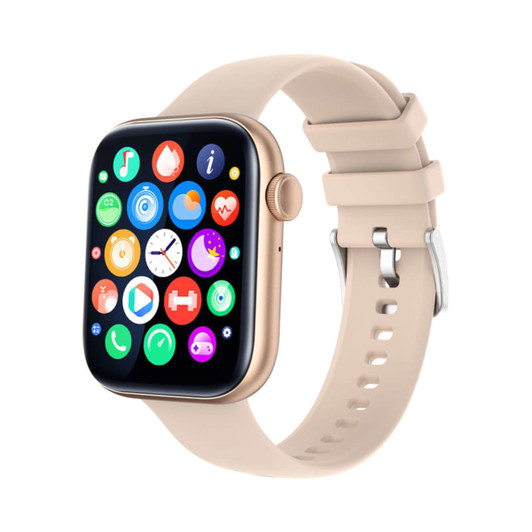 A gold smartwatch with a large touch screen displaying various app icons, featuring a beige strap.