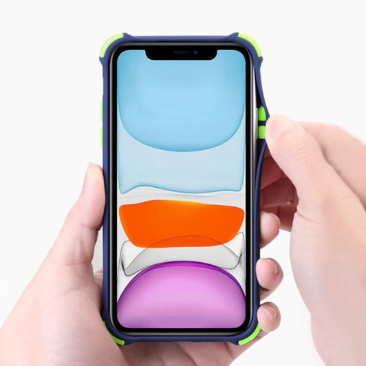 A rugged iPhone case in navy and lime green, holding a phone displaying colourful app icons on the screen.