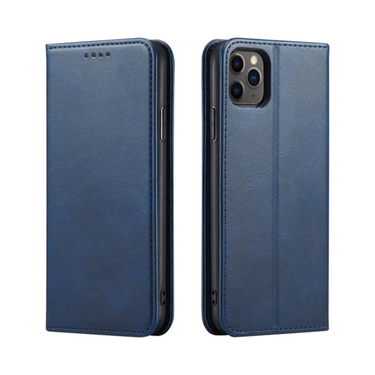 A navy blue folio iPhone case with a textured finish and an embedded logo, featuring a front and back view.