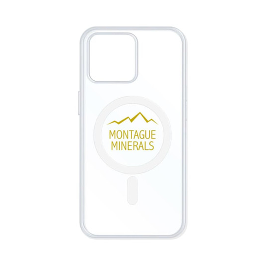 A clear phone case featuring a circular MagSafe attachment and a logo, suitable for iPhone models.
