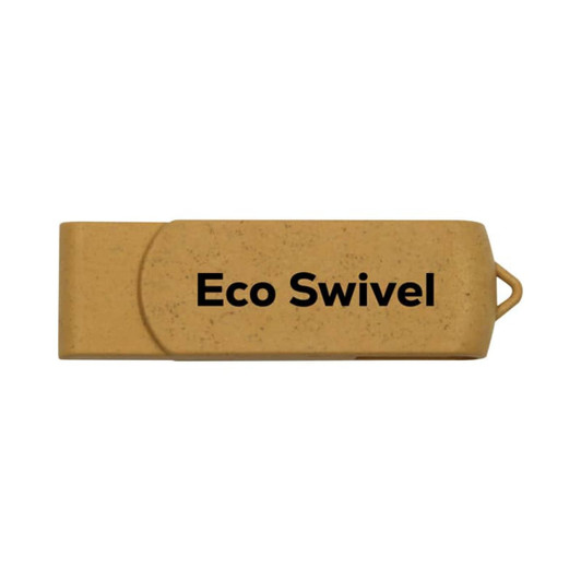 A gold eco-friendly swivel flash drive with a branding logo, featuring a smooth and sleek design.