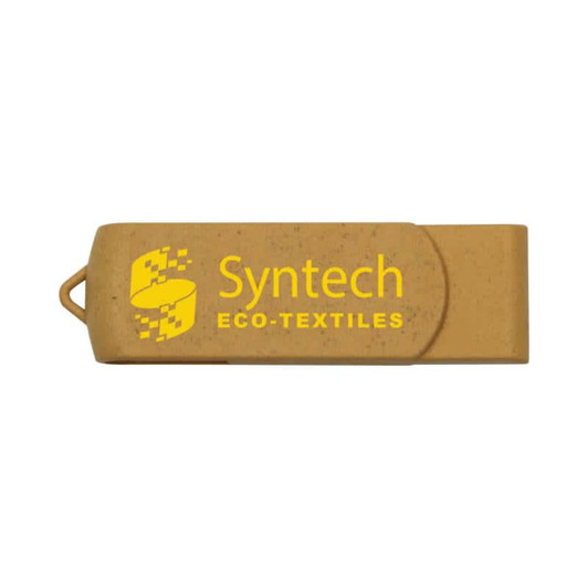 A brown eco-friendly swivel flash drive with a logo, featuring a sleek design.