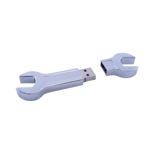 A silver wrench-shaped USB flash drive with a removable cap, showcasing a sleek, metallic design.