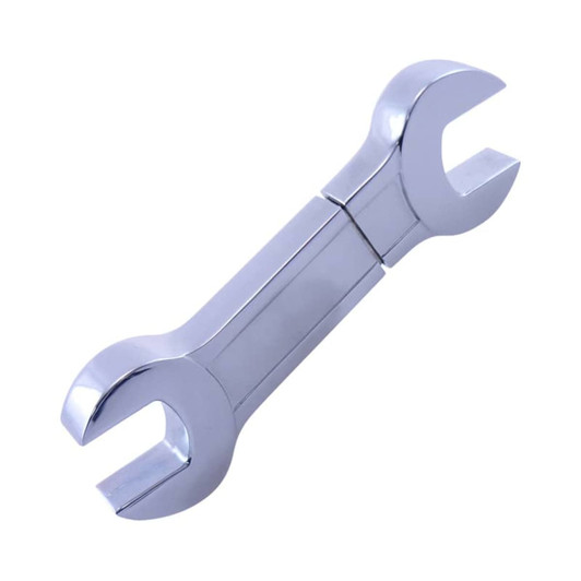 A shiny silver wrench USB flash drive with dual open ends shaped like a wrench, featuring a sleek design.